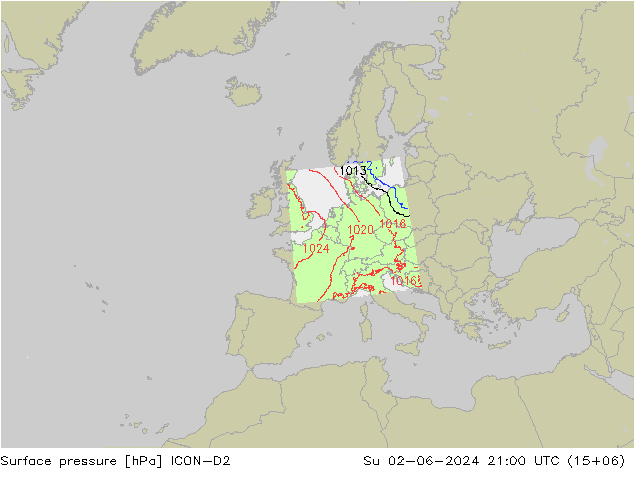 Pressione al suolo ICON-D2 dom 02.06.2024 21 UTC