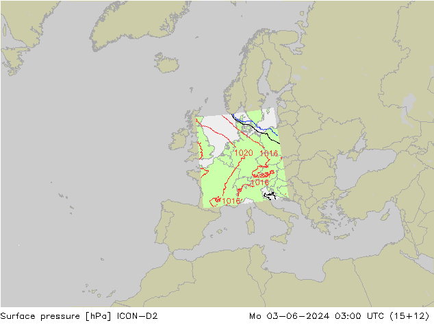 Pressione al suolo ICON-D2 lun 03.06.2024 03 UTC