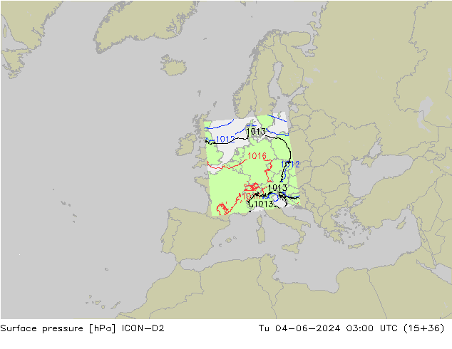 Surface pressure ICON-D2 Tu 04.06.2024 03 UTC