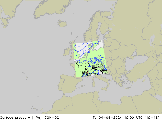 Presión superficial ICON-D2 mar 04.06.2024 15 UTC