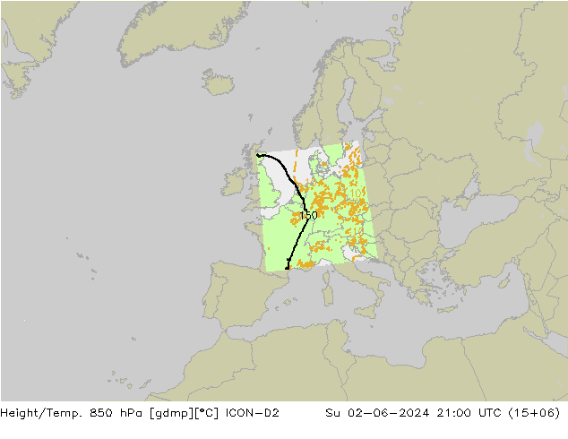 Height/Temp. 850 hPa ICON-D2 星期日 02.06.2024 21 UTC