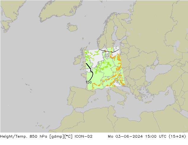 Yükseklik/Sıc. 850 hPa ICON-D2 Pzt 03.06.2024 15 UTC