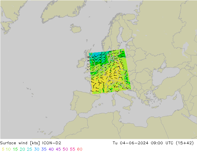Bodenwind ICON-D2 Di 04.06.2024 09 UTC