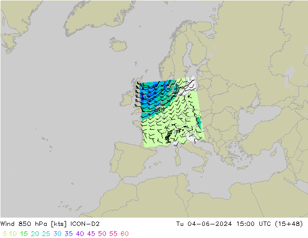 Vento 850 hPa ICON-D2 Ter 04.06.2024 15 UTC