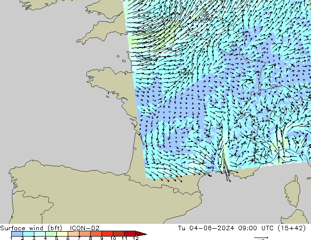  10 m (bft) ICON-D2  04.06.2024 09 UTC