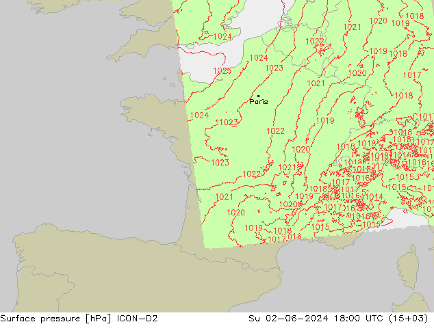 Atmosférický tlak ICON-D2 Ne 02.06.2024 18 UTC