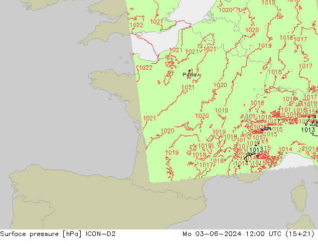 Surface pressure ICON-D2 Mo 03.06.2024 12 UTC