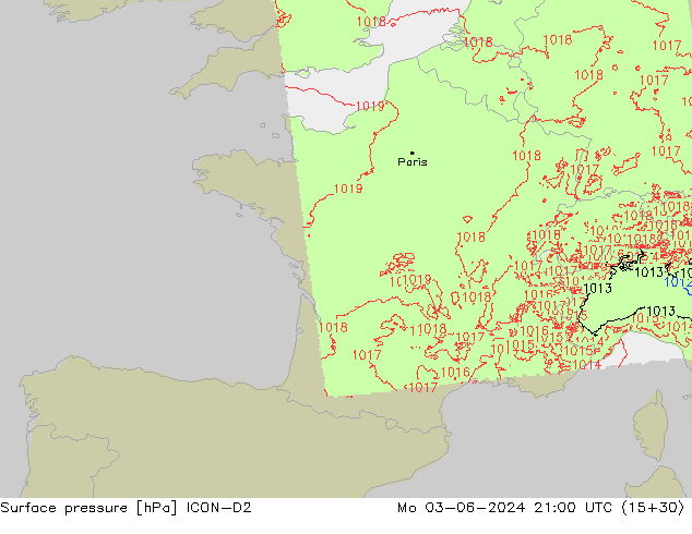 Luchtdruk (Grond) ICON-D2 ma 03.06.2024 21 UTC