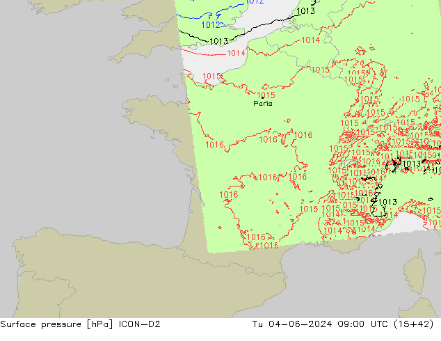 Surface pressure ICON-D2 Tu 04.06.2024 09 UTC