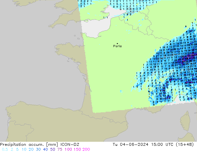 Precipitation accum. ICON-D2 Tu 04.06.2024 15 UTC