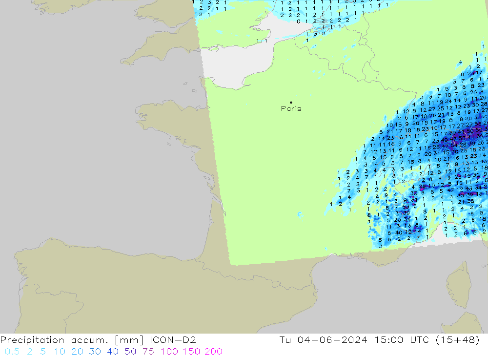 Precipitation accum. ICON-D2 Út 04.06.2024 15 UTC