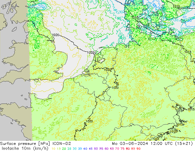 Isotachen (km/h) ICON-D2 ma 03.06.2024 12 UTC