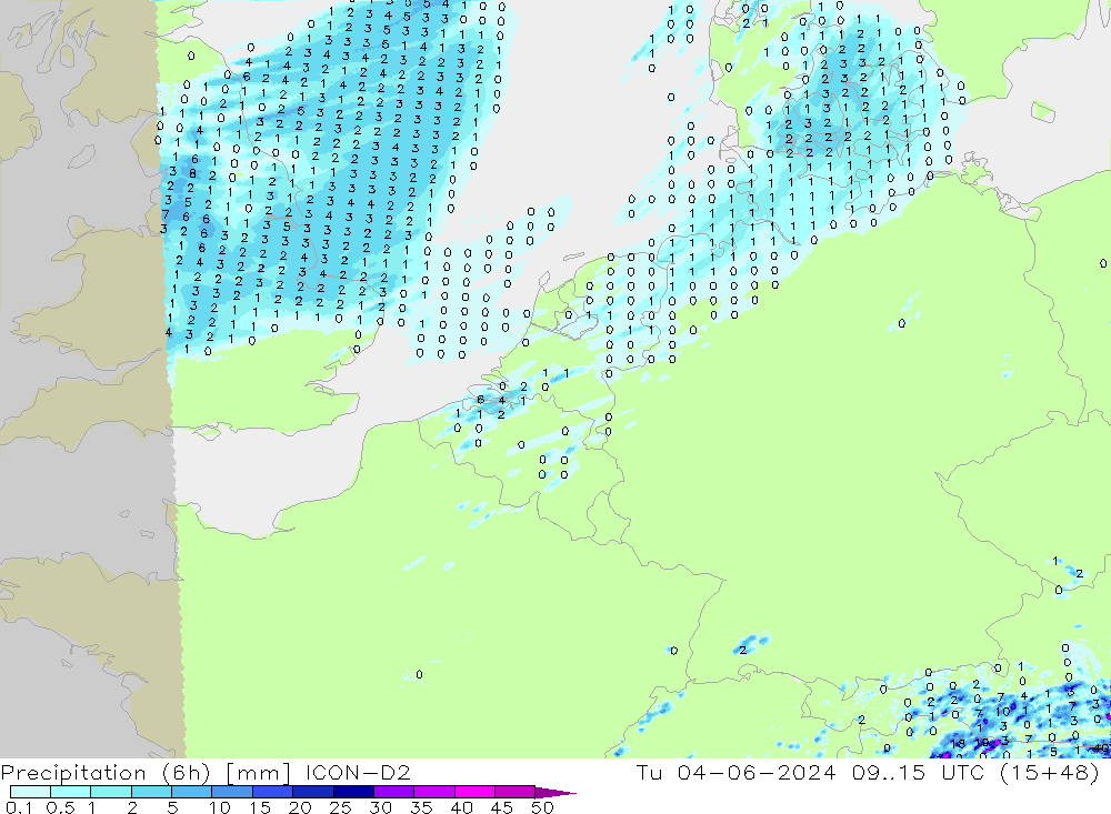 Precipitation (6h) ICON-D2 Tu 04.06.2024 15 UTC