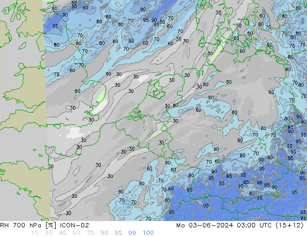 RH 700 hPa ICON-D2 Mo 03.06.2024 03 UTC