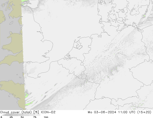 Cloud cover (total) ICON-D2 Mo 03.06.2024 11 UTC