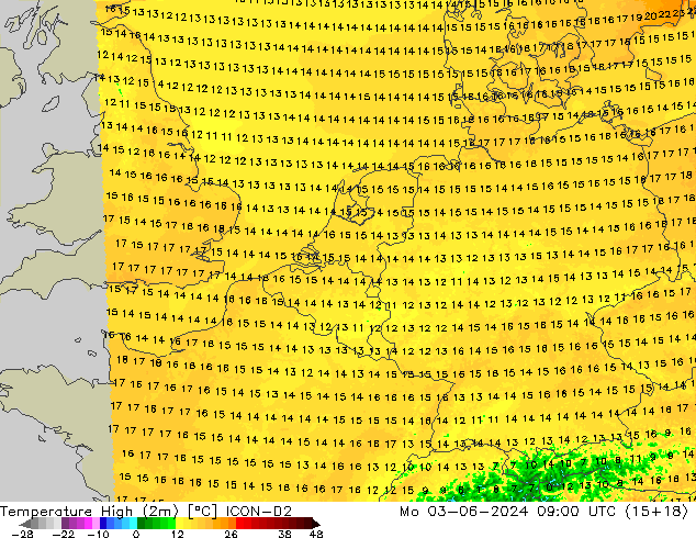 Temperature High (2m) ICON-D2 Mo 03.06.2024 09 UTC