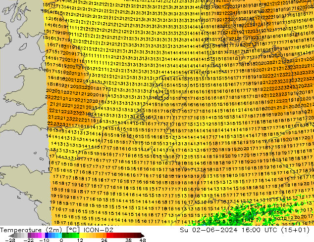 Temperatura (2m) ICON-D2 Dom 02.06.2024 16 UTC