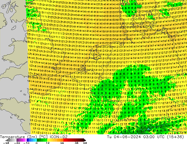 Temperaturkarte (2m) ICON-D2 Di 04.06.2024 03 UTC