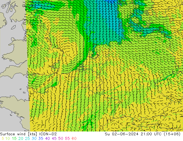 Surface wind ICON-D2 Ne 02.06.2024 21 UTC