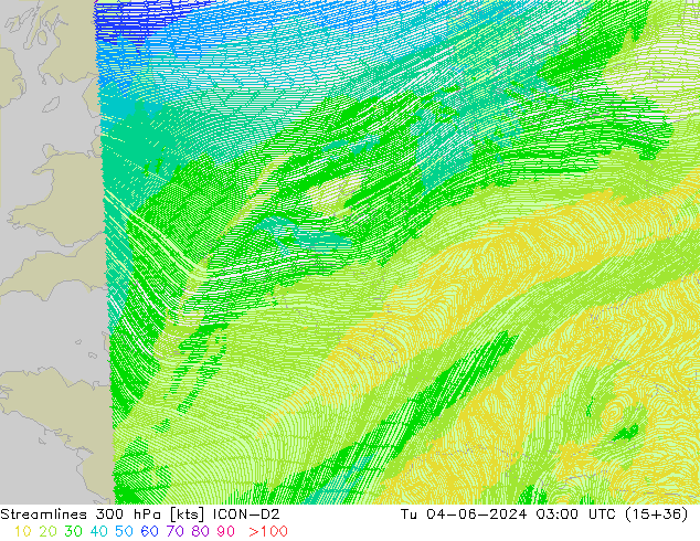 Ligne de courant 300 hPa ICON-D2 mar 04.06.2024 03 UTC