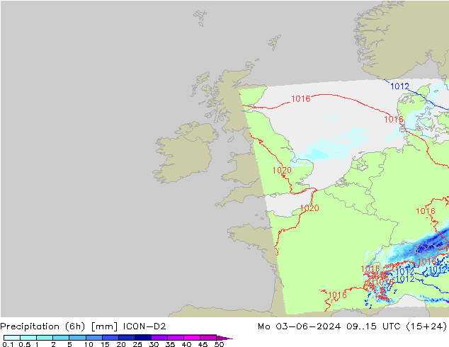 Precipitation (6h) ICON-D2 Mo 03.06.2024 15 UTC