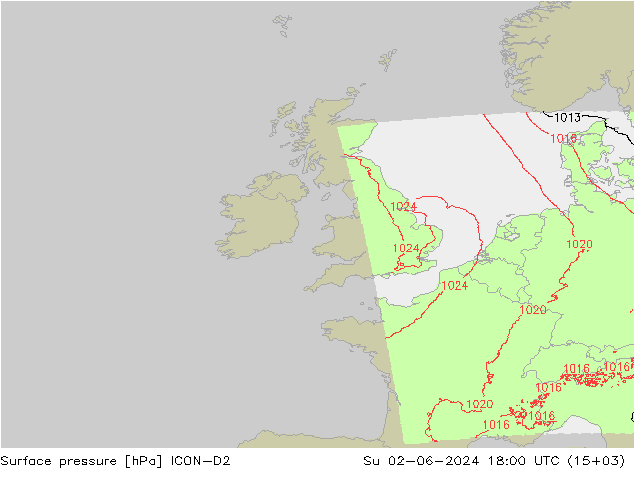 Luchtdruk (Grond) ICON-D2 zo 02.06.2024 18 UTC