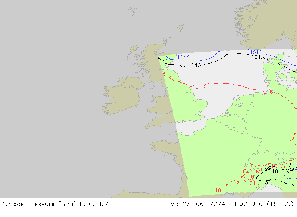Surface pressure ICON-D2 Mo 03.06.2024 21 UTC