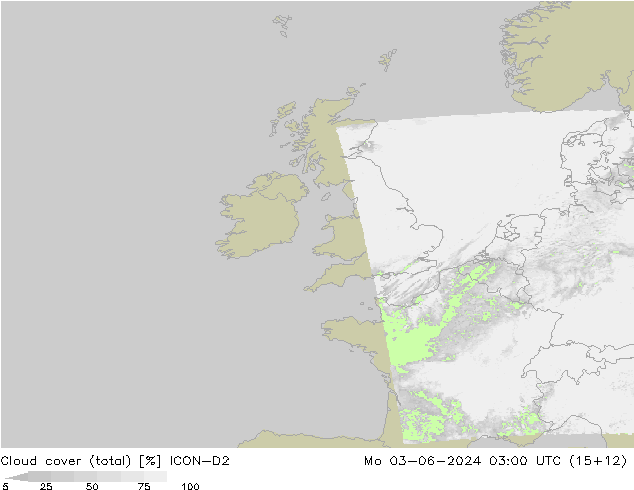 Cloud cover (total) ICON-D2 Po 03.06.2024 03 UTC