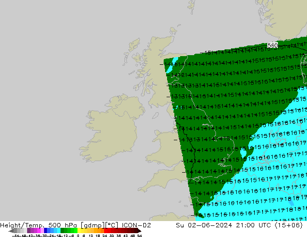 Height/Temp. 500 hPa ICON-D2 Su 02.06.2024 21 UTC