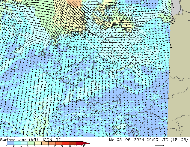 Wind 10 m (bft) ICON-D2 ma 03.06.2024 00 UTC