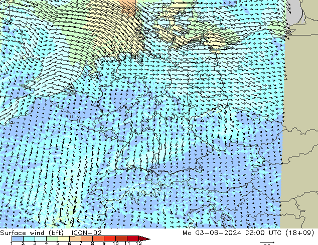 Surface wind (bft) ICON-D2 Mo 03.06.2024 03 UTC