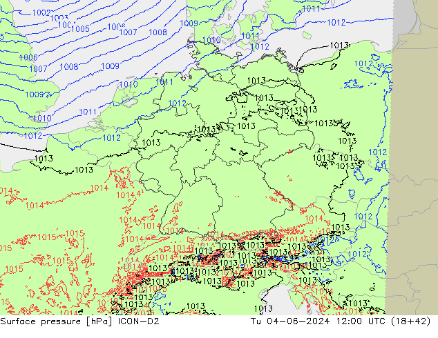 Pressione al suolo ICON-D2 mar 04.06.2024 12 UTC