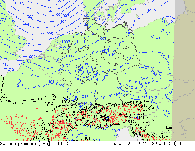 Atmosférický tlak ICON-D2 Út 04.06.2024 18 UTC