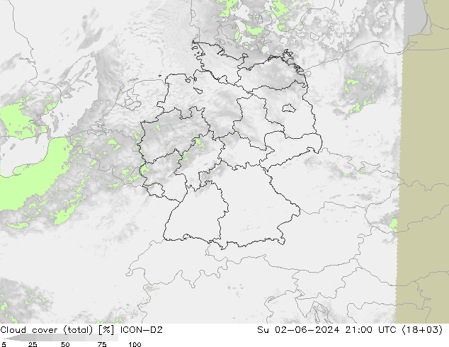 Cloud cover (total) ICON-D2 Su 02.06.2024 21 UTC