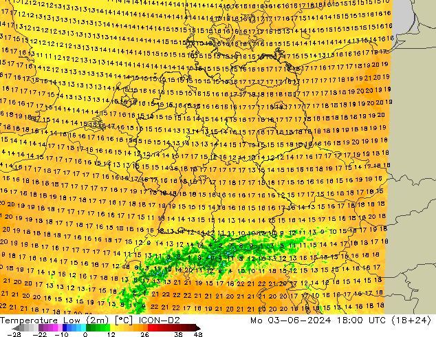 temperatura mín. (2m) ICON-D2 Seg 03.06.2024 18 UTC