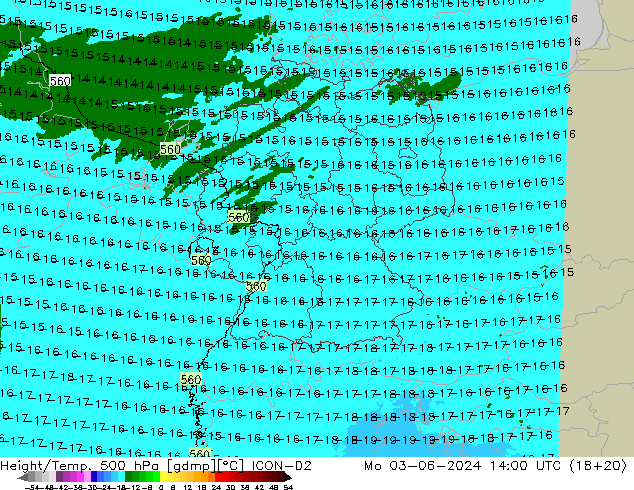 Height/Temp. 500 hPa ICON-D2 lun 03.06.2024 14 UTC