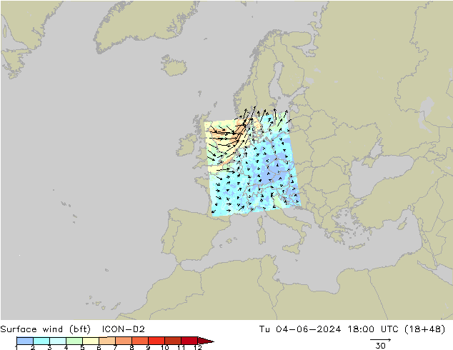 Bodenwind (bft) ICON-D2 Di 04.06.2024 18 UTC
