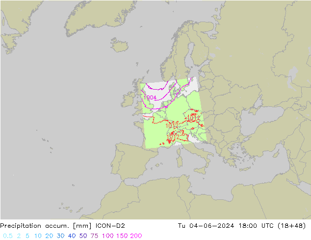 Precipitation accum. ICON-D2 Út 04.06.2024 18 UTC