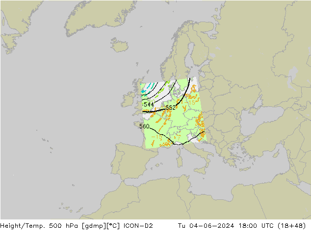 Height/Temp. 500 hPa ICON-D2 Tu 04.06.2024 18 UTC