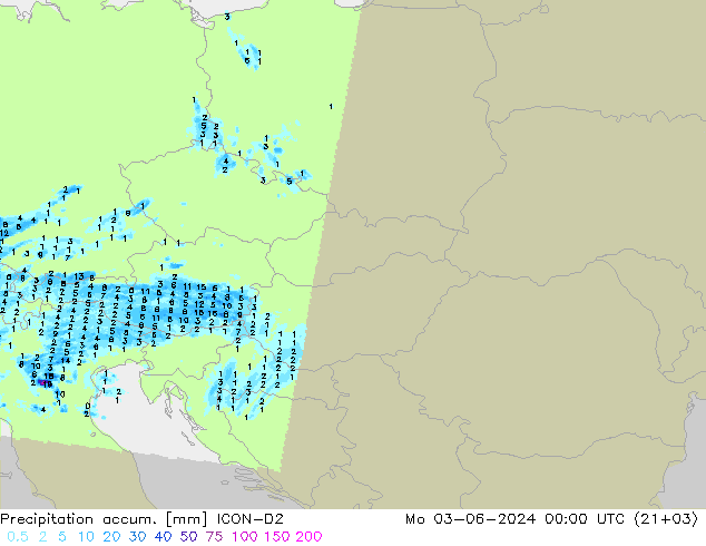 Precipitation accum. ICON-D2 lun 03.06.2024 00 UTC