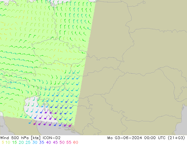 Vento 500 hPa ICON-D2 lun 03.06.2024 00 UTC