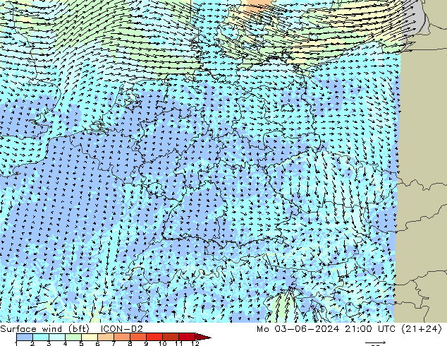Surface wind (bft) ICON-D2 Mo 03.06.2024 21 UTC