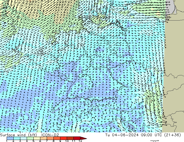 Surface wind (bft) ICON-D2 Tu 04.06.2024 09 UTC