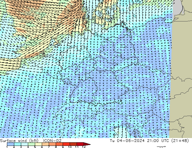 Surface wind (bft) ICON-D2 Tu 04.06.2024 21 UTC
