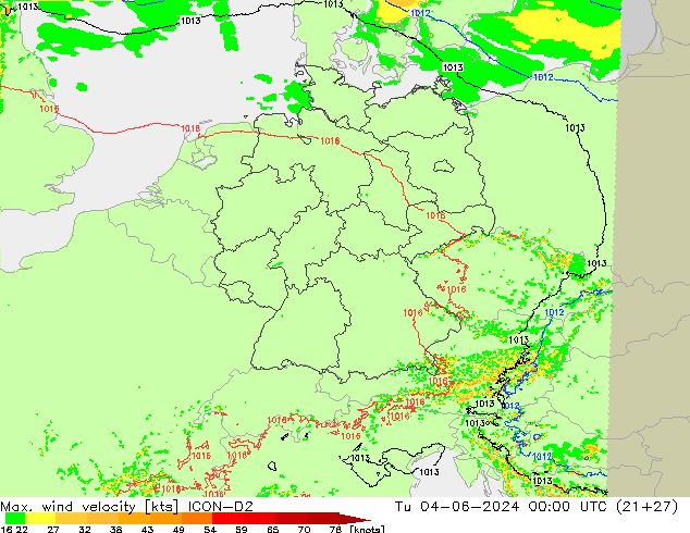 Max. wind velocity ICON-D2 Tu 04.06.2024 00 UTC