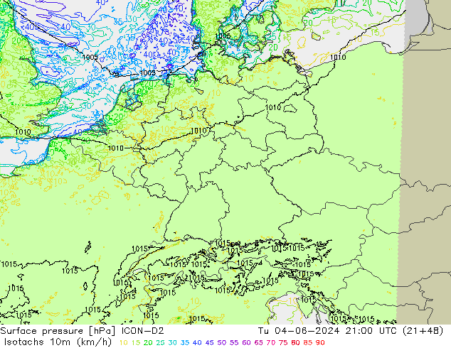 Isotachs (kph) ICON-D2 Tu 04.06.2024 21 UTC