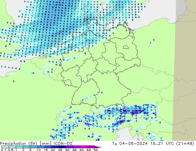 Precipitation (6h) ICON-D2 Tu 04.06.2024 21 UTC