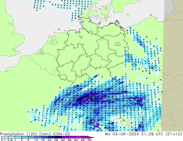 Precipitation (12h) ICON-D2 Po 03.06.2024 09 UTC