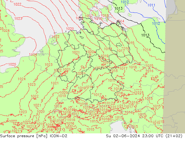 Atmosférický tlak ICON-D2 Ne 02.06.2024 23 UTC