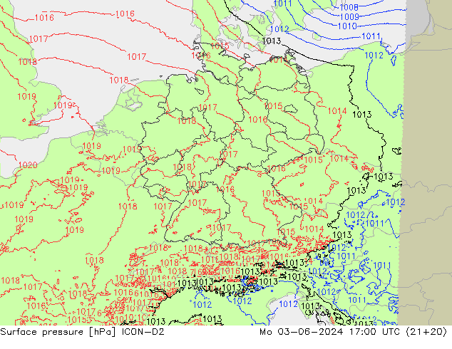 Surface pressure ICON-D2 Mo 03.06.2024 17 UTC